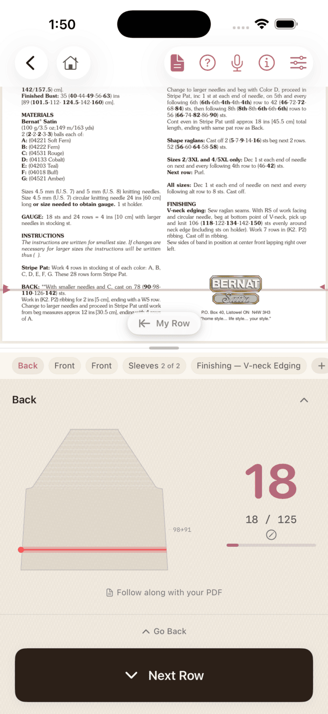 Basic mode — PDF on top, row counter and schematic below
