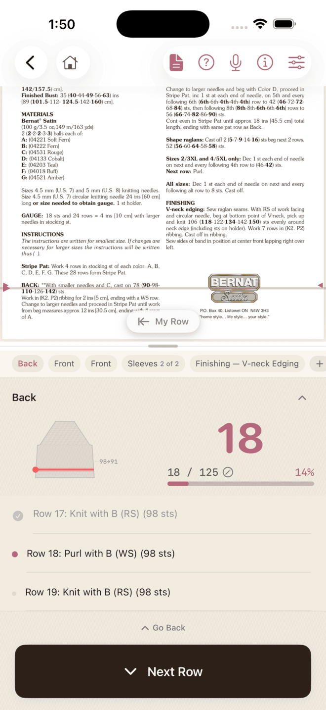 Simple mode — original pattern text with section checkmarks and row counts